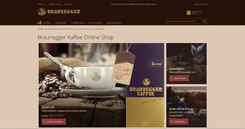 Startseite des Braunegger Kaffee Online Shops mit Kaffeetasse, Kaffeebohnen und Braunegger-Kaffeepackung
